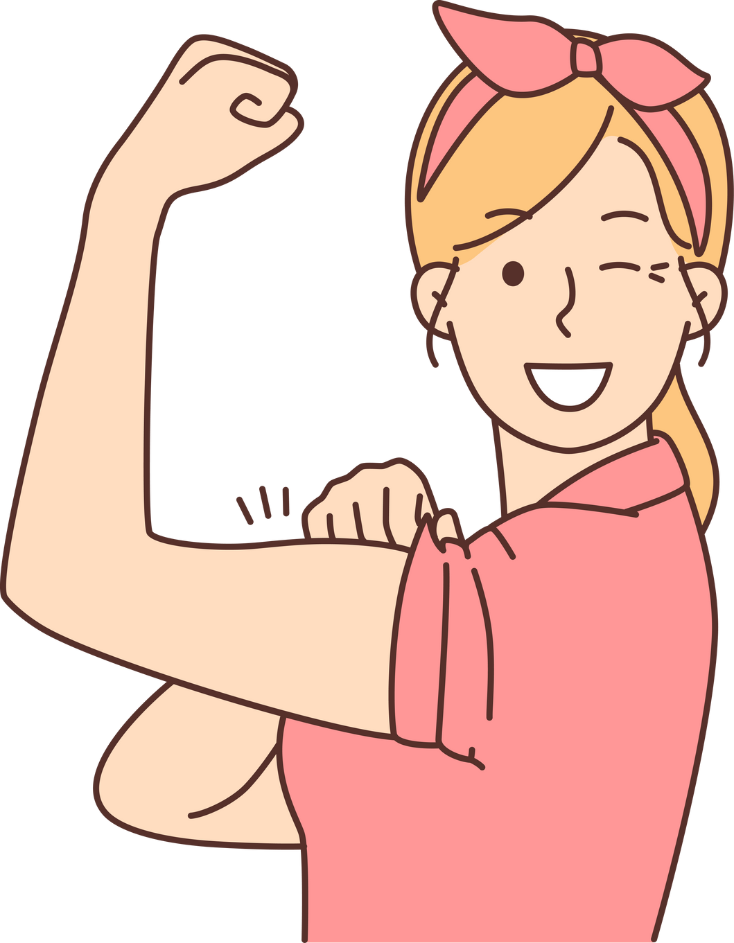 Smiling woman show muscles feeling powerful